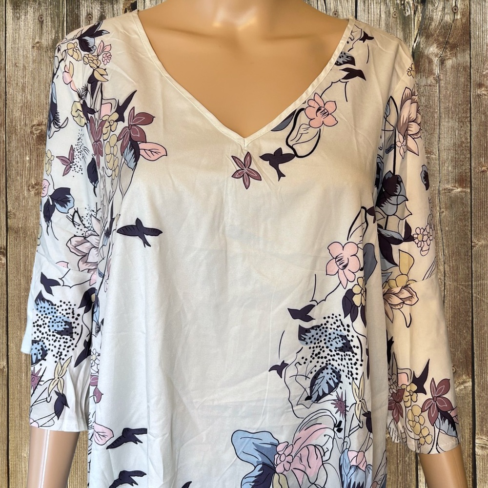 Miss look Lightweight Floral Bird 3/4 Bell Sleeve Boho Style Tunic Medium - Picture 4 of 13